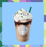 image of new starbucks chocolate java mint frappuchino with bright blue colored background